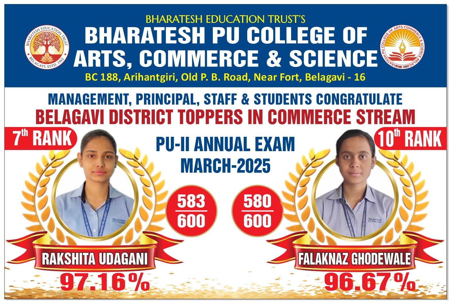 Pride of Bharatesh PU College. Rakshita Udagani and Falaknaz Ghodewal of Commerce stream have secured 7th and 10th rank respectively in Belagavi District. Management, Principal and Staff members extend a hearty congratulations on their valuable achievement and hardwork